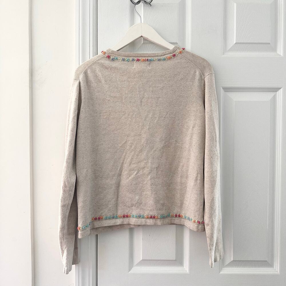 LL Bean Vintage Beige Linen Cotton Cardigan Embroidered Multi Floral Trim Large - Picture 7 of 9